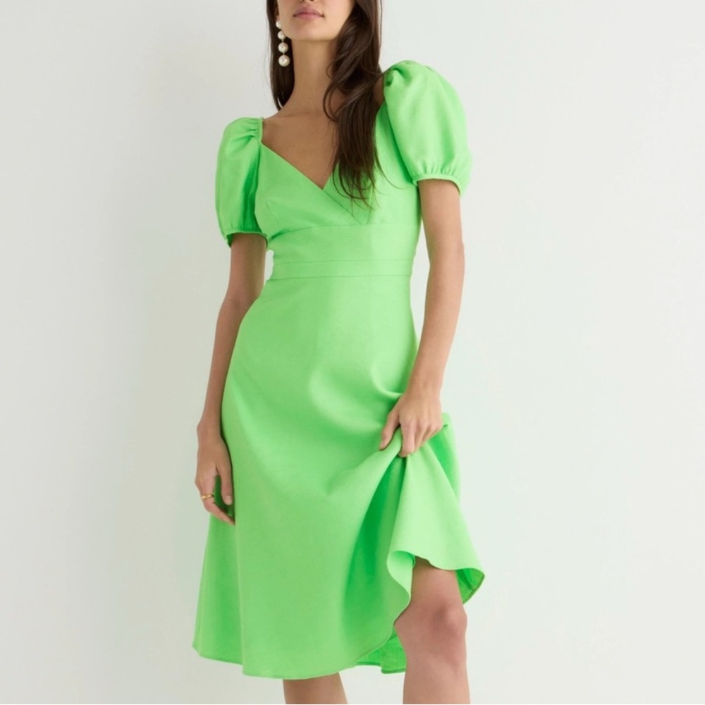 NWT J. Crew Green Puff Sleeve V-Neck Midi Dress US 6